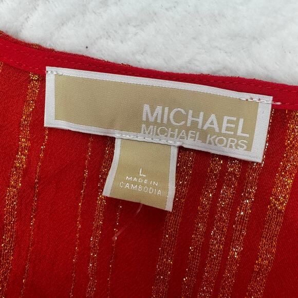 MICHAEL Michael Kors Sangria Metallic Orange/Gold Faux Wrap Midi Dress Size L - Picture 4 of 12